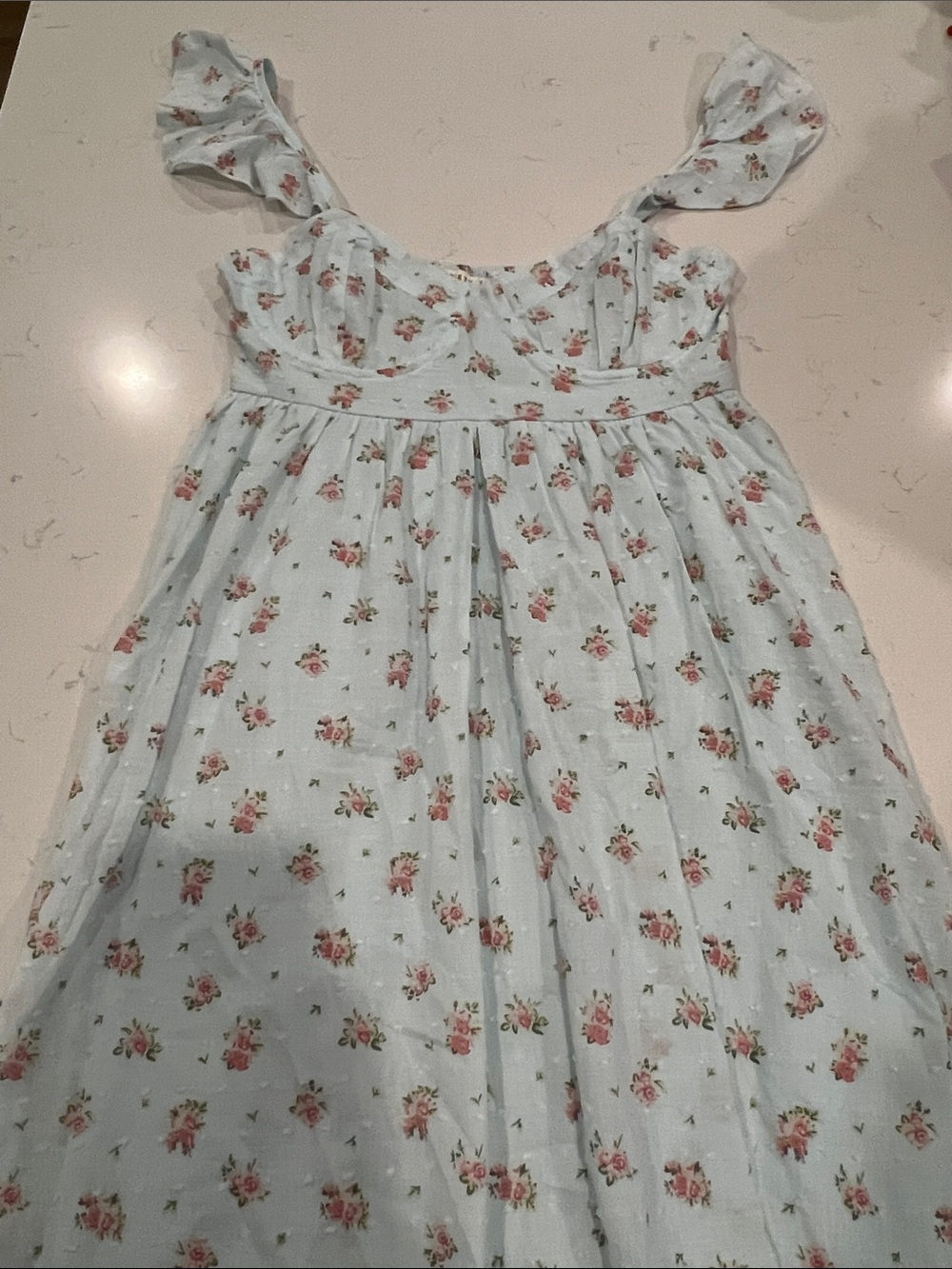 Light Blue Floral Mini Dress with Ruffle Straps